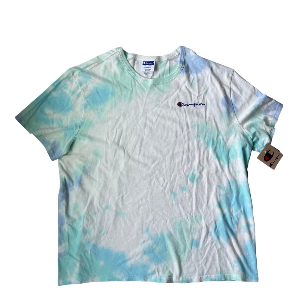 Champion Mens Tie Dye T-Shirt Blue Green White Script Logo 2XL Athletic Gym NEW